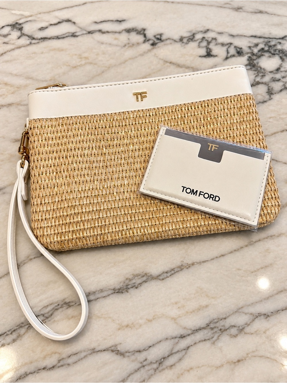 Tom Ford Natural Straw and White Leather Wristlet with Card Holder/ Mirror GWPs
